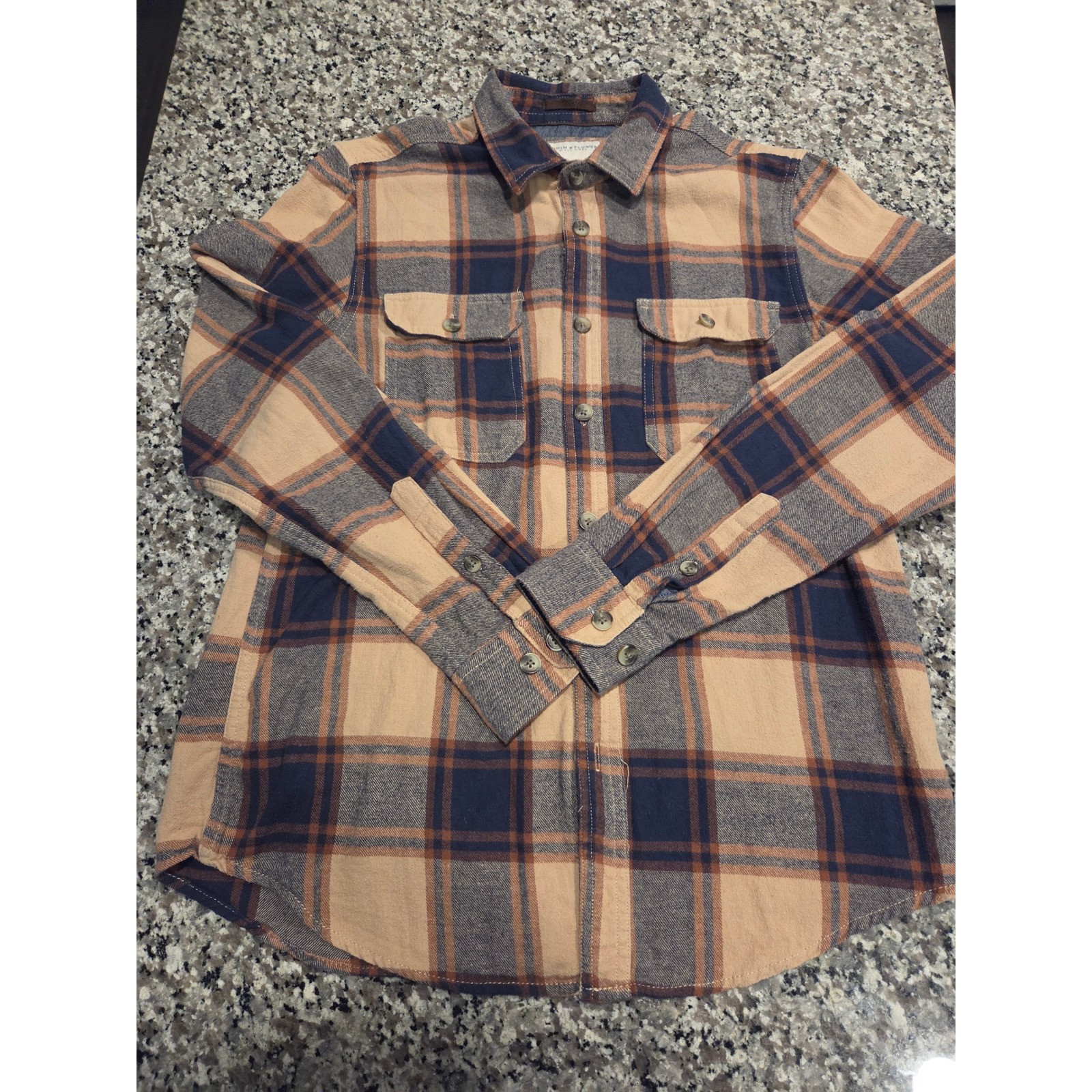 Denim & Flower Ricky Singh Mens Large Plaid Flannel Shirt Tan Navy Blue Orange